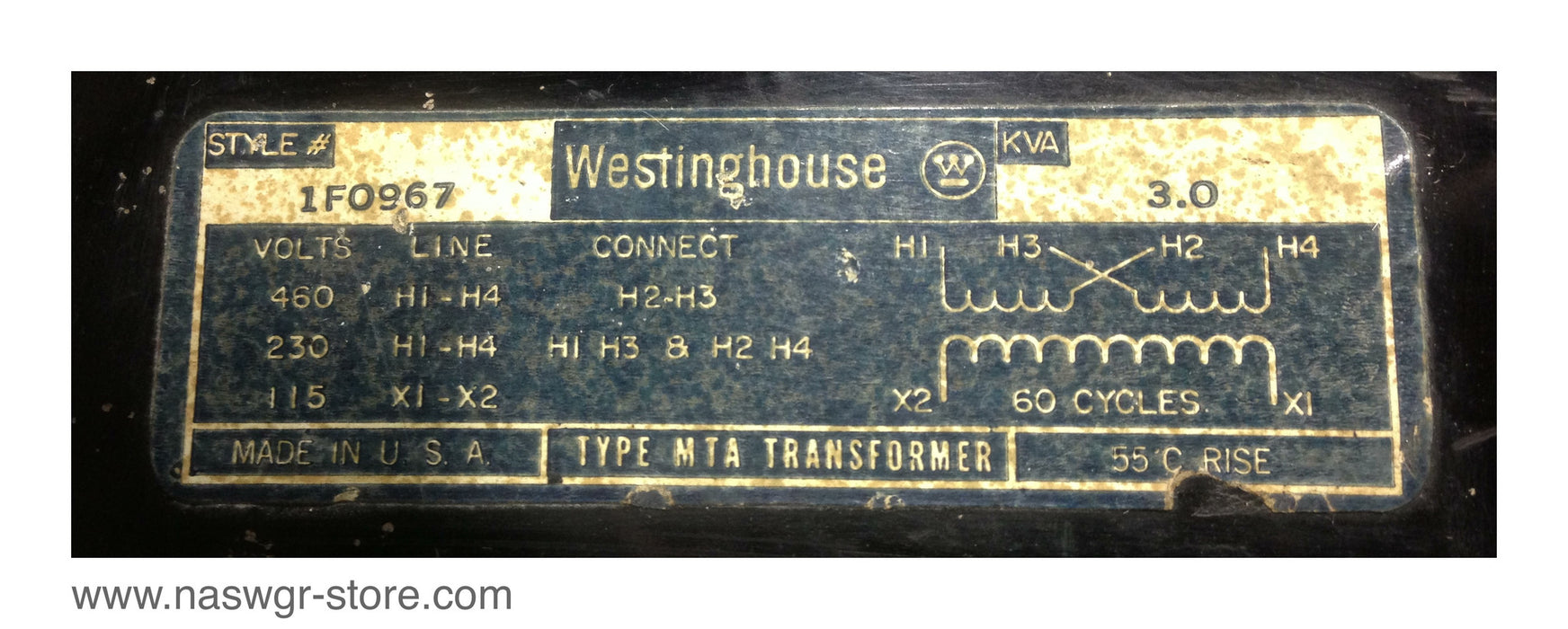 1F0967 , Westinghouse 1F0967 Transformer , 60 Cycle , 3.0 KVA , 460V 230V 115V , PN: 1F0967