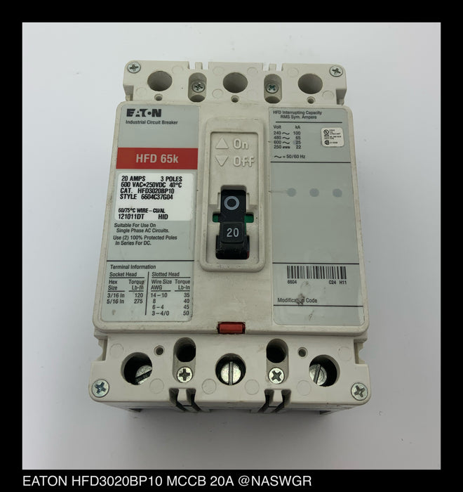 Eaton HFD3020BP10 Molded Case Circuit Breaker ~ 20 Amp