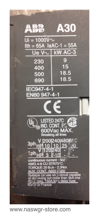 A30-30-01 , ABB A30-30-01 Contactor , 4 Pole , 30 Amp , Coil: R84 , 110-120V , PN: A30-30-01