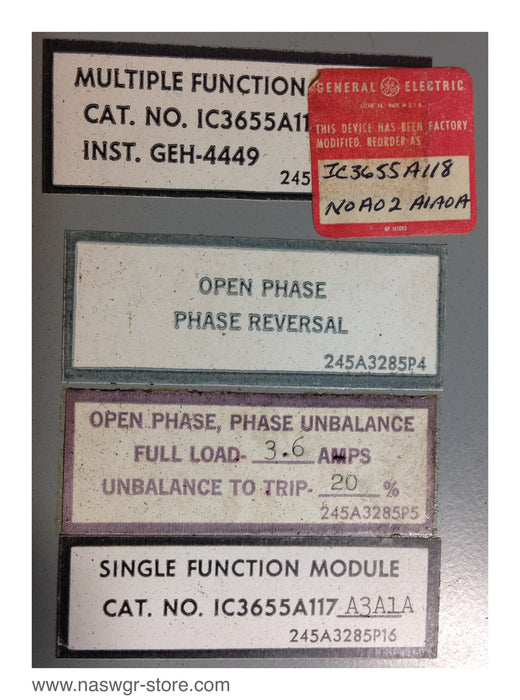 IC3655A118 , GE IC3655A118  Solid State Protection Module , N0A02A1A0A , Open Phase Phase Reversal 245A3285P4 , Full Load 3.6 Amps , Unbalanced to trip 20% , Single Function Module: IC3655A117A3A1A , 245A3285P16 , IC3655A138 , Trip Reset: 259A9152-P1 , 10