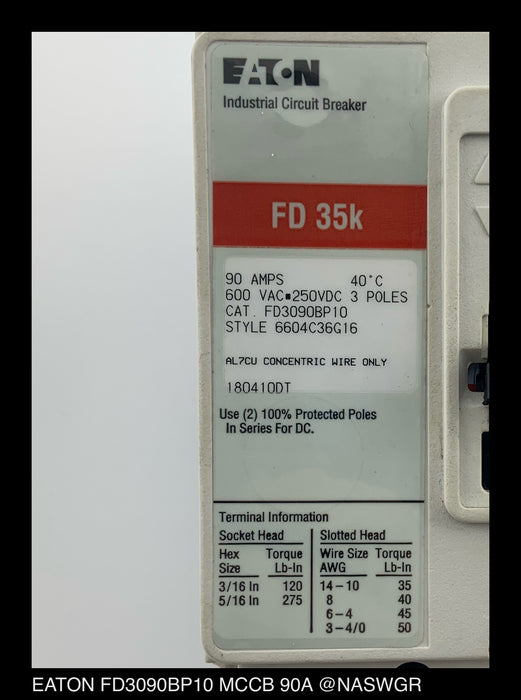 Eaton FD3090BP10 Molded Case Circuit Breaker ~ 90 Amp - Unused Surplus