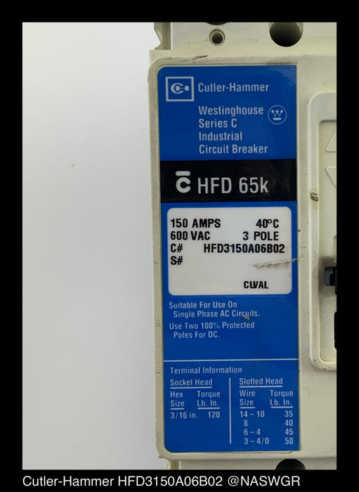 Cutler-Hammer HFD3150A06B02 Molded Case Circuit Breaker ~ 150A