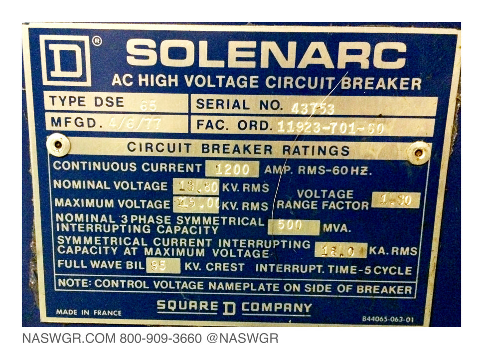 Square D DSE-65 Circuit Breaker ~ 1200 amp DSE-65 SOLENARC