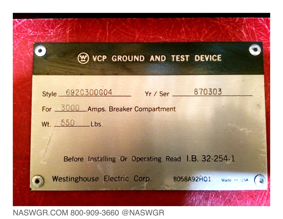 Westinghouse 3000 Amp VCP Ground and Test Device ~ 692C300G04