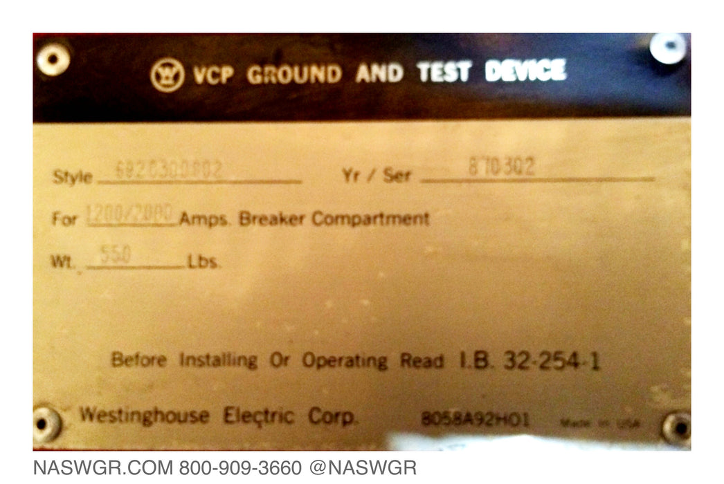 Westinghouse 1200/2000 VCP Ground and Test Device ~ 692C300G02