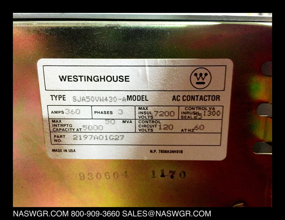 SJA50VW430 ~ Westinghouse SJA50VW430-A Vacuum Contactor 360 Amp ~ 2197A01G27