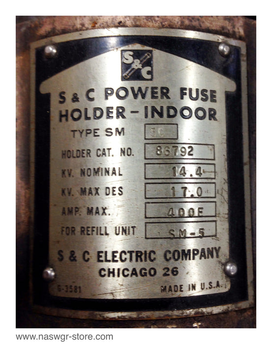 86792 , S&C 86792 Power Fuse Holder- Indoor , Type: SM5C , KV Nominal: 14.4 , KV Max. DES 17.0 , Amp Max. 400E , Refill Unit: SM-5 , PN: 86792