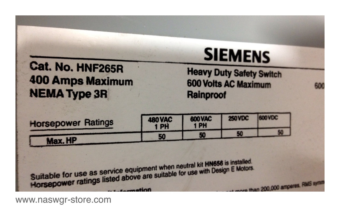 HNF265R ~ Siemens HNF265R Heavy Duty Safety Switch Non-Fusible ~ 400 Amp