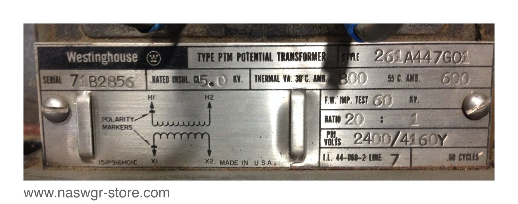 261A447G01 , Westinghouse 261A447G01 Potential Transformer , Ratio: 20:1 , PRIM. Volts: 2400/4160Y , PN: 261A447G01