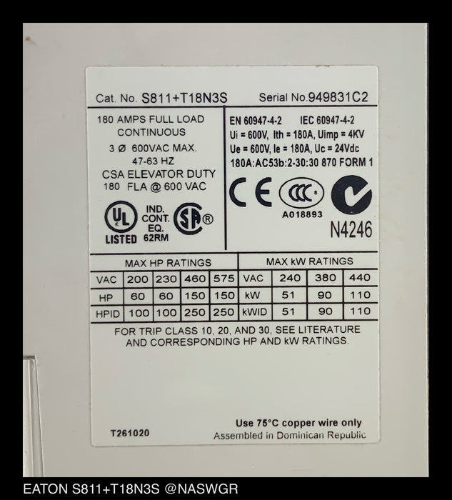 Eaton S811+T18N3S Reduced Voltage Soft Starter - 180 Amp - Unused