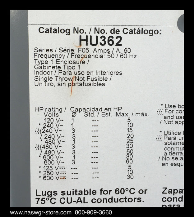 HU362 ~ Unused Surplus Square D HU362 Heavy Duty Safety Switch