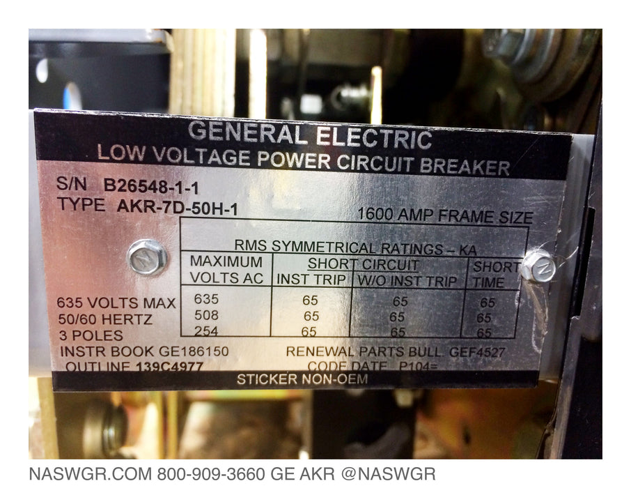 GE AKR-7D-50H Circuit Breaker ~ Electrically Operated AKR ~ GE186150
