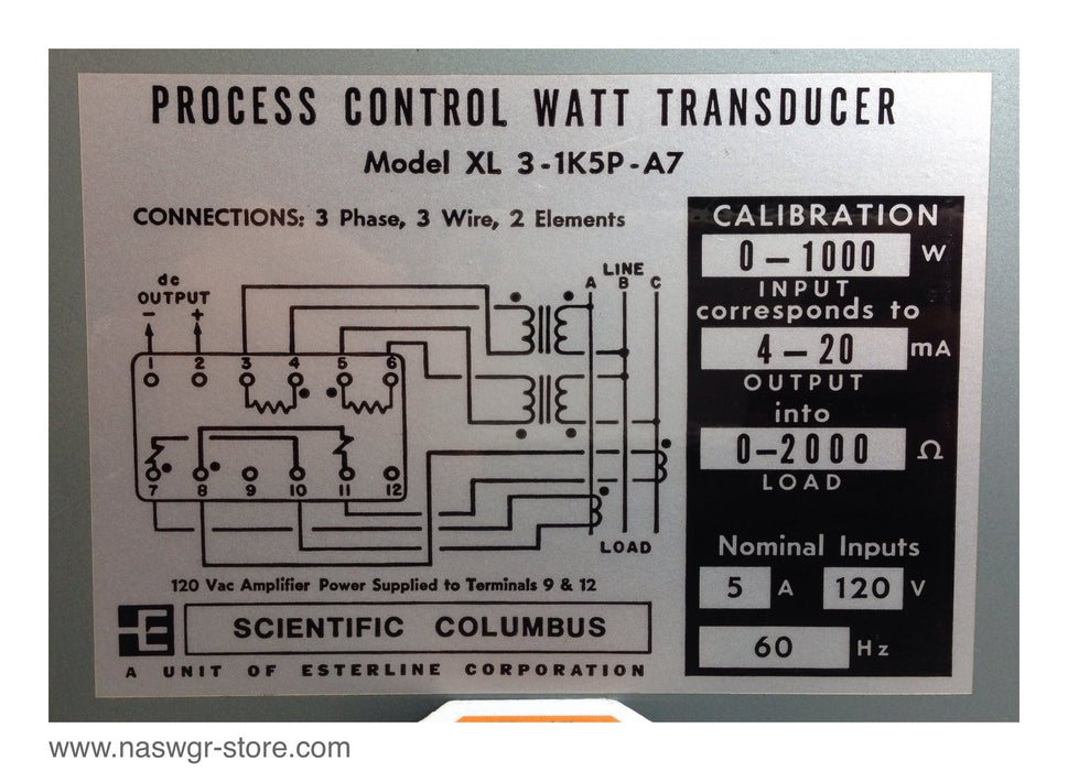 Scientific Columbus XL3-1K5P-A7 Process Control Watt Transducer