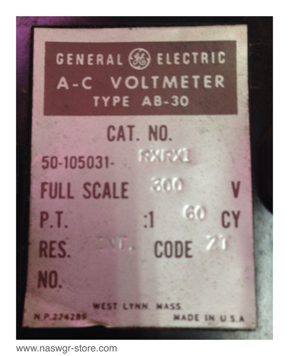 50-105031-RXRX1 , GE 50-105031-RXRX1 AC Volt Meter , Type: AB-30 , 300 V , Res. INT. , Code ZT , 0-300 , 50-105031-RXRX1