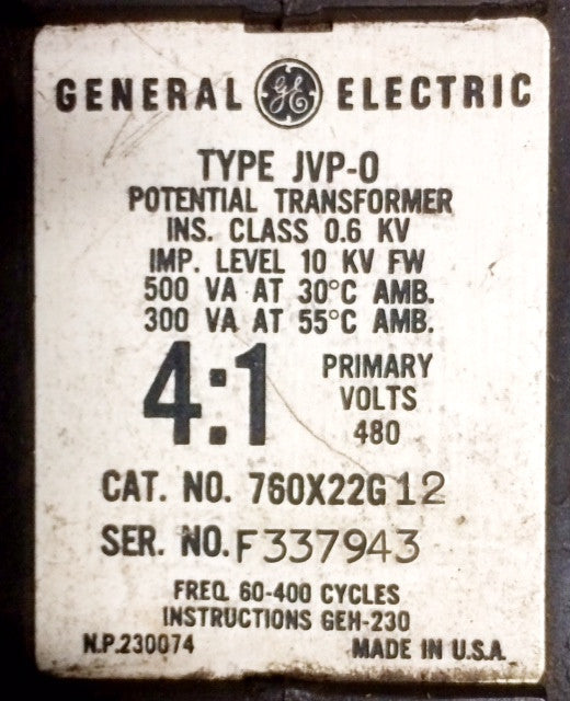 760X22G12 , GE 760X22G12 JVP-0 Potential Transformer , Ratio: 4:1