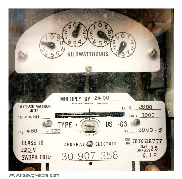 700X63G777 , GE 700X63G777 Kilowatthour Meter , Test Amperes: 2.5 , Kh 1.2 , Pri. V: 480 , PTR: 480/120 , Class 10 , 120V , 3 Phase , 3 Wire 60 Hz. , PN: 700X63G777