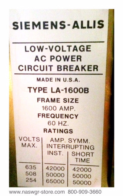Siemens Allis LA-1600B Circuit Breaker (M/E/O,D/O) - 1600 Amp