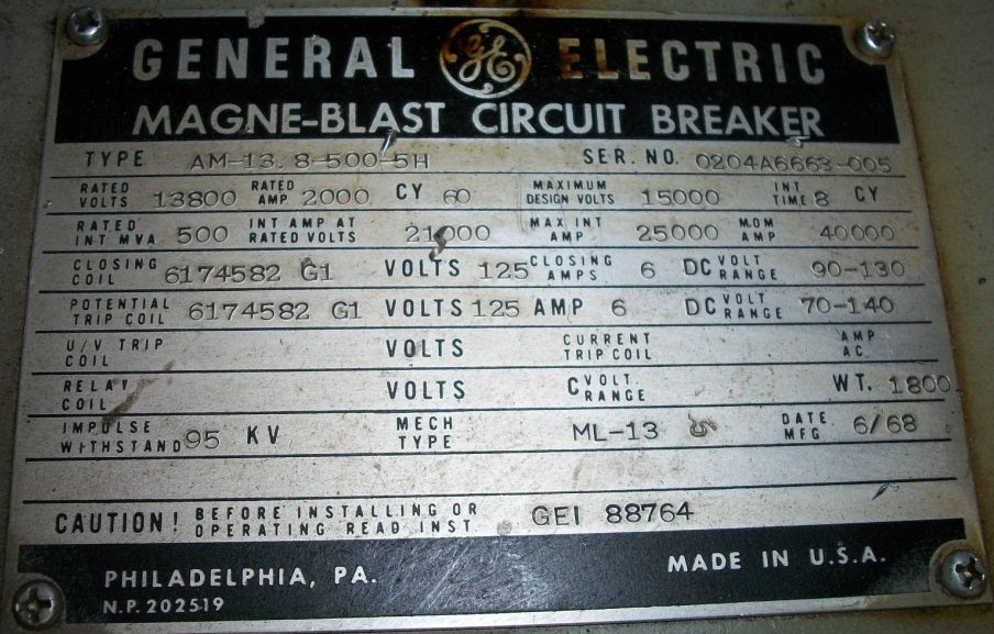 AM13.8-500-5H - General Electric Magne-blast 1200AMP Circuit breaker