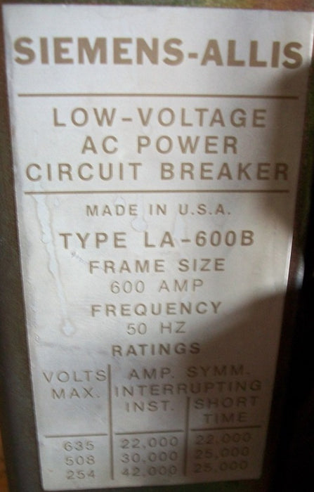 LA-600B - Simens-Allis Low Voltage AC Power Circuit Breaker