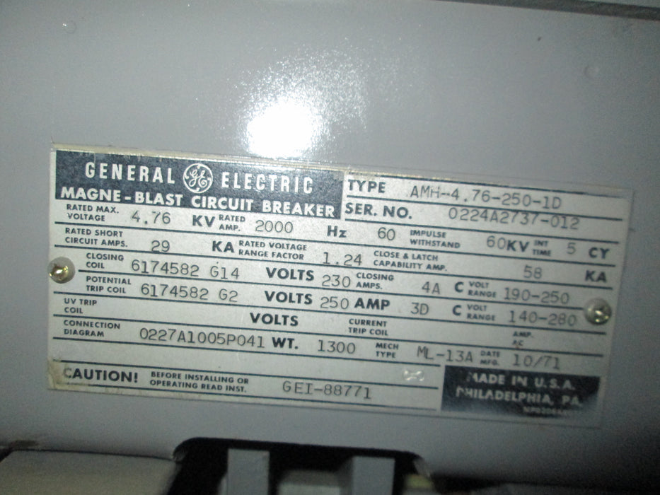 AMH4.76-250-1D General Electric Magne-blast Circuit Breaker