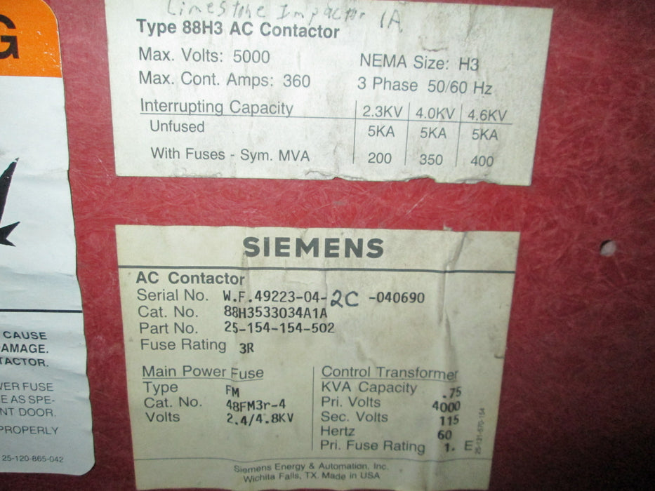 88H3533034A1A Siemens 88H3 AC Contactor