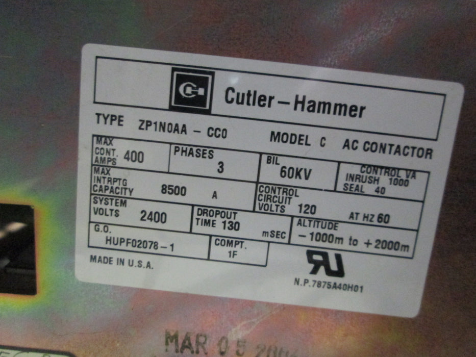 ZP1N0AA-CC0 Cutler Hammer AC Contactor