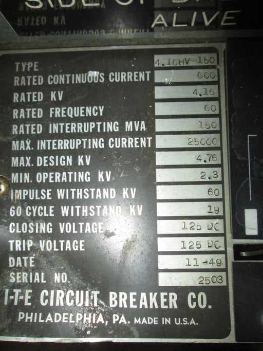 ITE 4.16HV150 Circuit Breaker (E/O,D/O) - 600 Amp