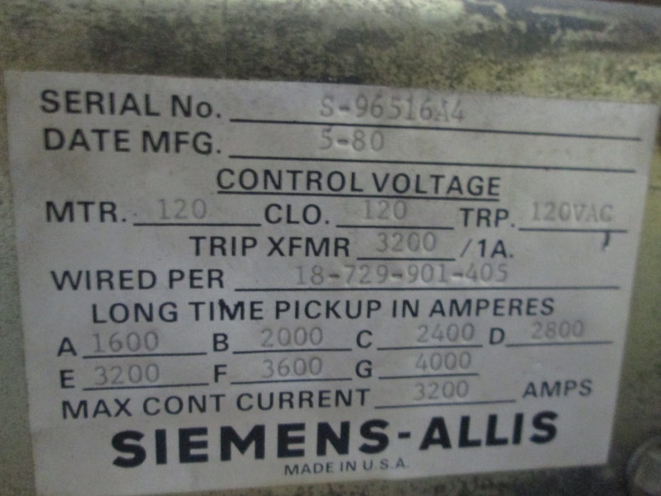 LA-3200A- Siemens Allis Low Voltage AC Power Circuit Breaker