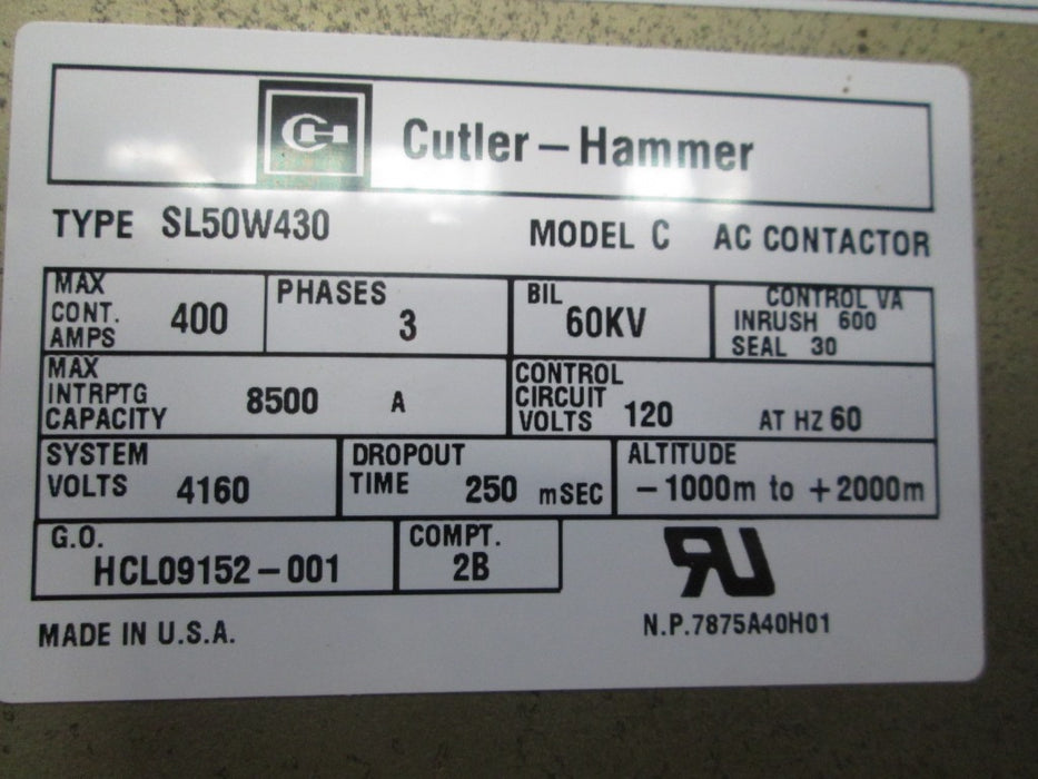 Cutler Hammer SL50W430 AC Contactor (E/O,D/O) - 400Amp/120vAC