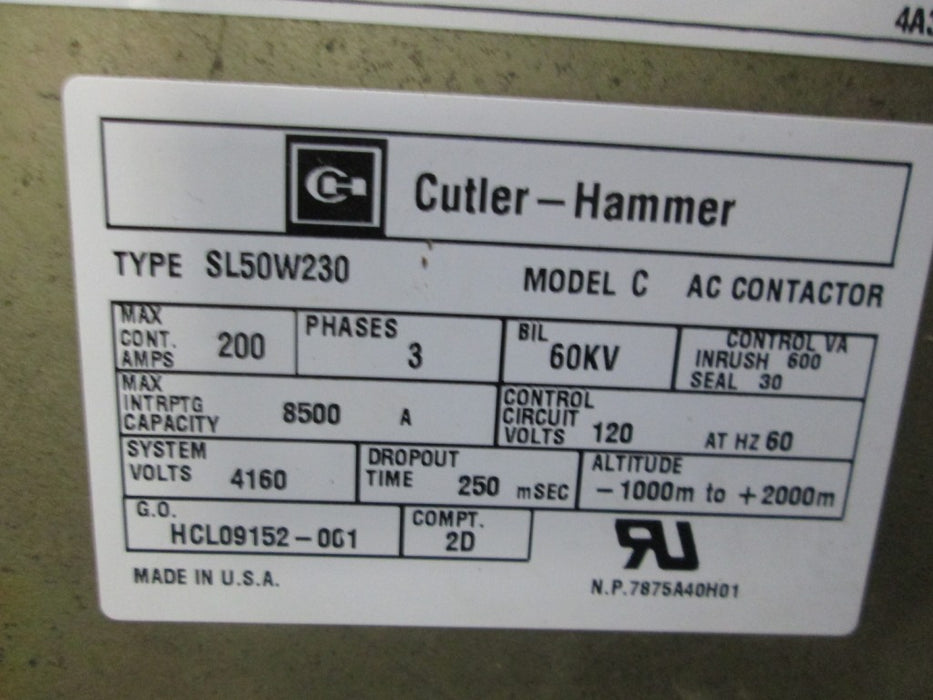 Cutler Hammer SL50W230 AC Contactor (E/O,D/O) - 200Amp/120vAC