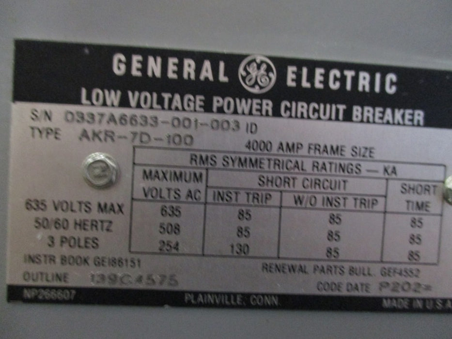 AKR-7D-100 General Electric Low Voltage Power Circuit Breaker