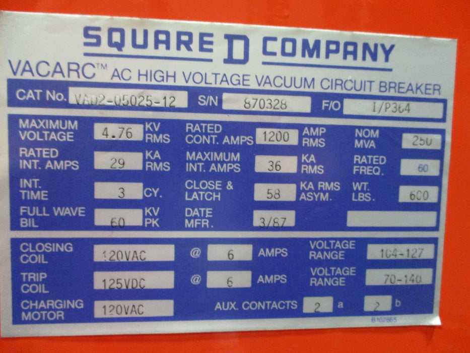 VAD2-05025-12 Square D AC High Voltage Vacuum Circuit Breaker