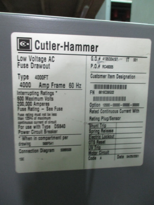 4000FT Cutler Hammer Low Voltage AC Fuse Drawout
