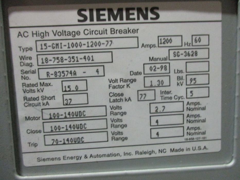 15-GMI-1000-1200-77 Siemens AC High Voltage Circuit Breaker