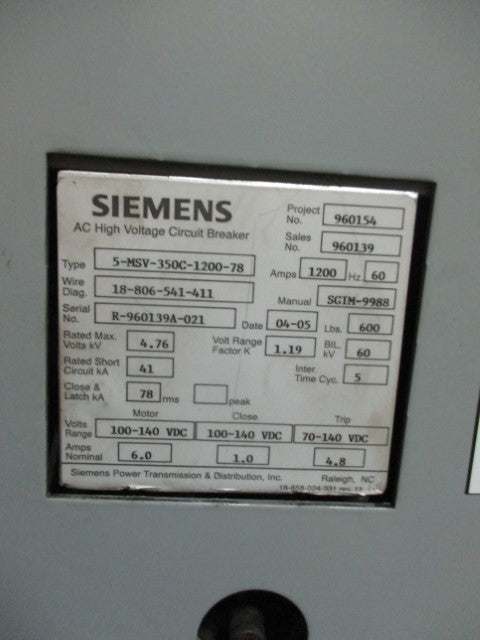 5-MSV-350C-1200-78 Siemens AC High Voltage Circuit Breaker