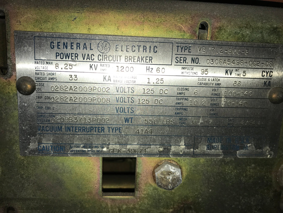 VB 7.2-500-3  General Electric Power VAC Circuit Breaker