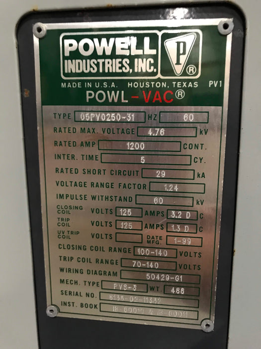 Powell Powl-Vac 05PV0250-31 Vacuum Circuit Breaker (E/O,D/O) - 1200 Amp