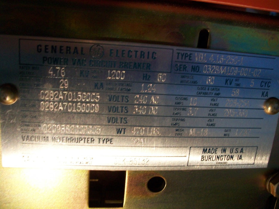 VB1-4.16-250-1 General Electric - Power VAC Circuit Breaker