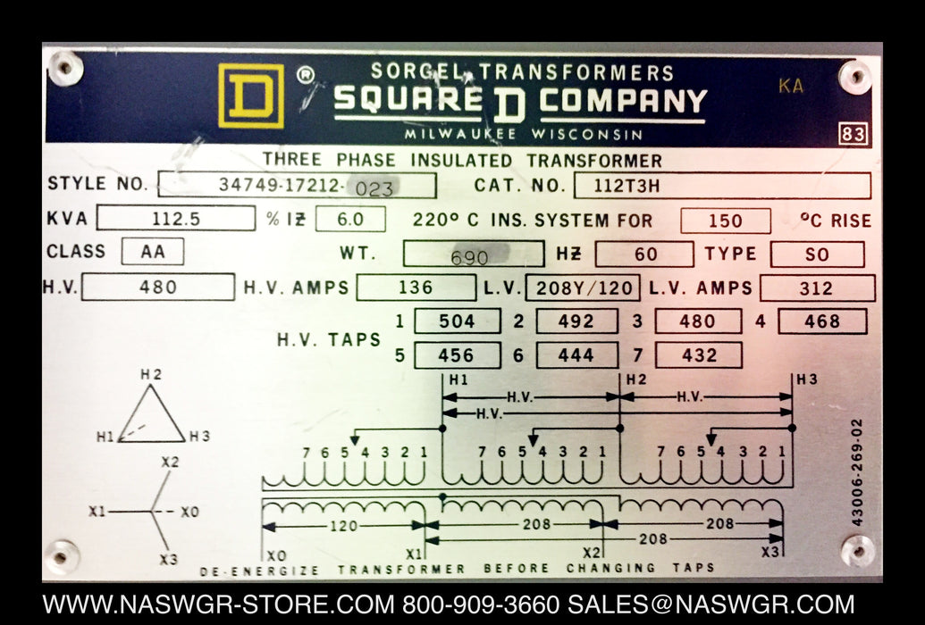 34749-17212-023 ~ Square D Sorgel 112T3H Transformer 112.5 KVA