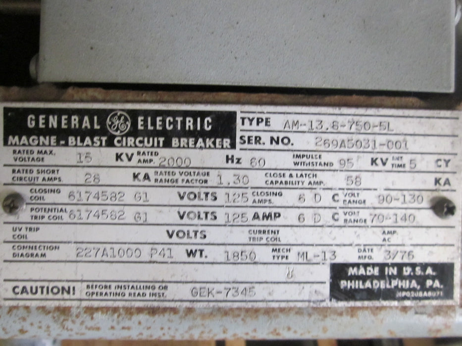 ML-13 GE Mechanism for GE AM13.8-750-5L Magneblast Breaker , 15 KV , 2000 Amp