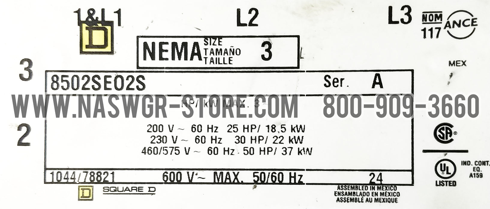 Square D 8502SE02S Nema Size 3 Contactor