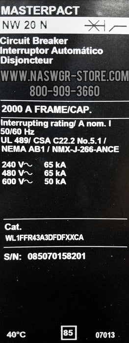 Square D MasterPact NW20N Circuit Breaker ~ 2000 Amp