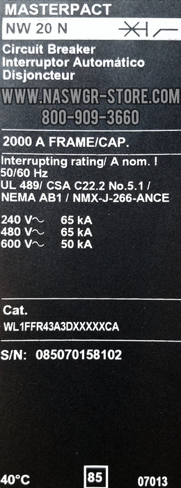 Square D MasterPact NW20N Circuit Breaker ~ 2000 Amp