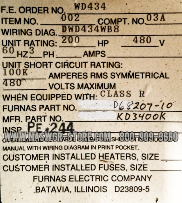 FURNAS SYSTEM 89 200 Horse Power Fusible Combination for size 5