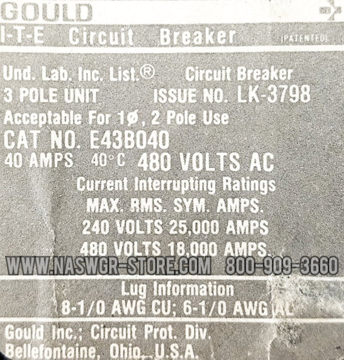 Gould ITE E43B040 Molded Case Circuit Breaker - 40 Amp