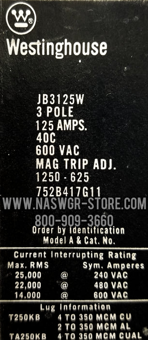 Westinghouse JB3125W Molded Case Circuit Breaker - 125 Amp