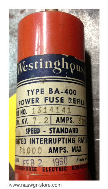 1314141 , Westinghouse 1314141 Type BA-400 Power Fuse Refill , Nom. KV. 7.2 , Amps 300E , Speed- Standard , Vented interrupting rating: 35000 amps , PN: 1314141