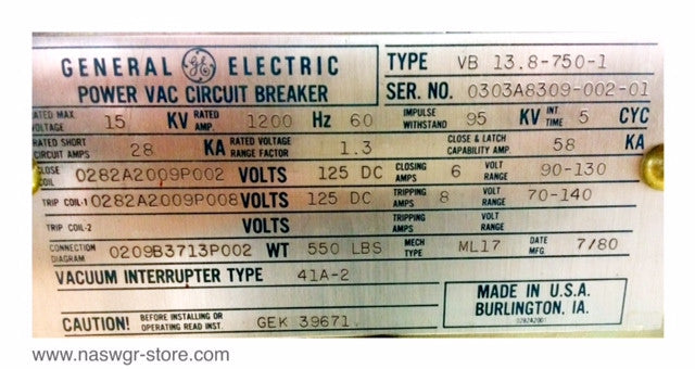 VB 13.8-750 ~ GE VB13.8-750-1 Circuit Breaker , 1200 Amp VB 15 KV 750 MVA