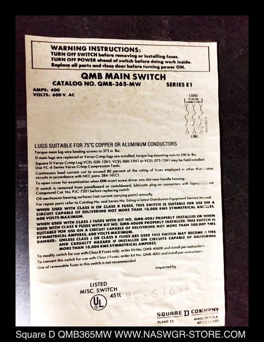 Square D QMB365MW Panelboard Switch ~ 400 Amp
