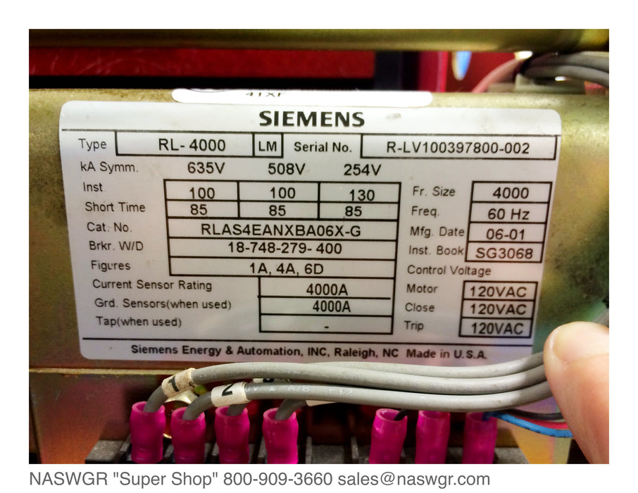 RL-4000 ~ Siemens RL-4000 Circuit Breaker 4000 amp ~ RLAS4EANXBA06X-G ~ RMS-TSI-TZ
